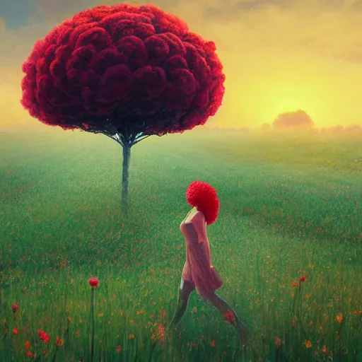 Prompt: giant red carnation afro head, full body, girl walking in the middle of a field with flowers, surreal photography, hills, sunrise dramatic light, impressionist painting, colorful clouds, digital painting, pointillism, artstation, simon stalenhag