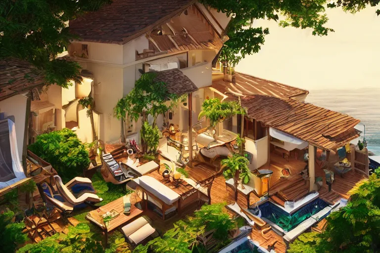 Prompt: a villa with a balcony beside the sea, umbrella, table, juice and liquid, recliner, isometric art, bright, artstation, highly detailed, cinematic lighting + masterpiece