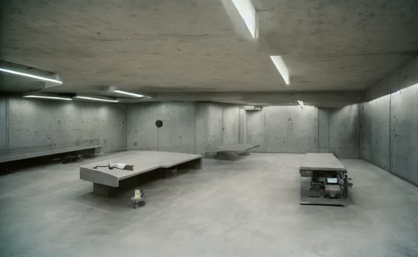 Image similar to Interior shot of a secret brutalist concrete bunker with computers and with glossy concrete floor by stanley kubrick, shot by 35mm film color photography