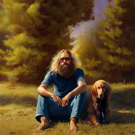 Image similar to oil painting of a young man with long hair blond and a beard hippie style painting on a golden retriever, people watching around, by greg rutkowski, artstation