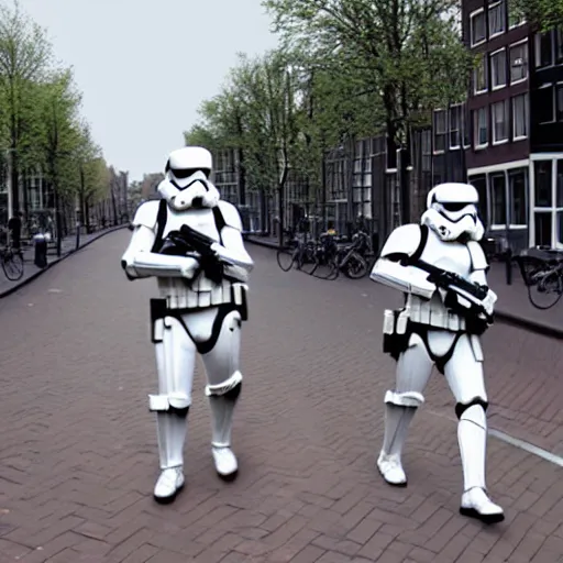 Image similar to stormtroopers walking in amsterdam, digital art