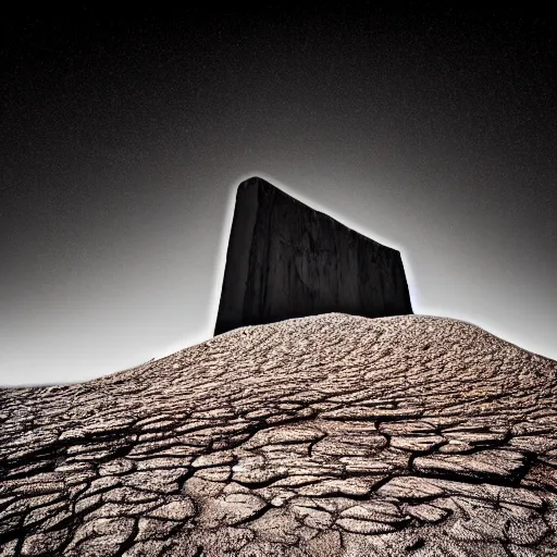 Prompt: high quality dslr photograph of a mysterious gigantic black monolith emerging from the middle of a barren desert. alien structure, masterpiece, stunning, amazing, super resolution. atmospheric, Extremely detailed