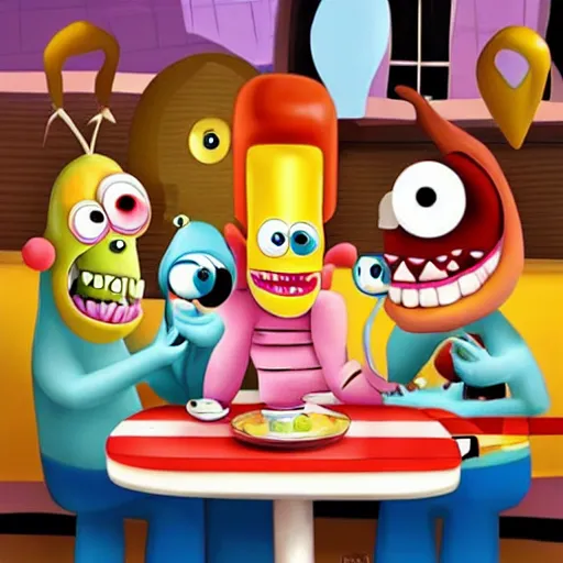 Image similar to cute monsters in a diner, Pixar style