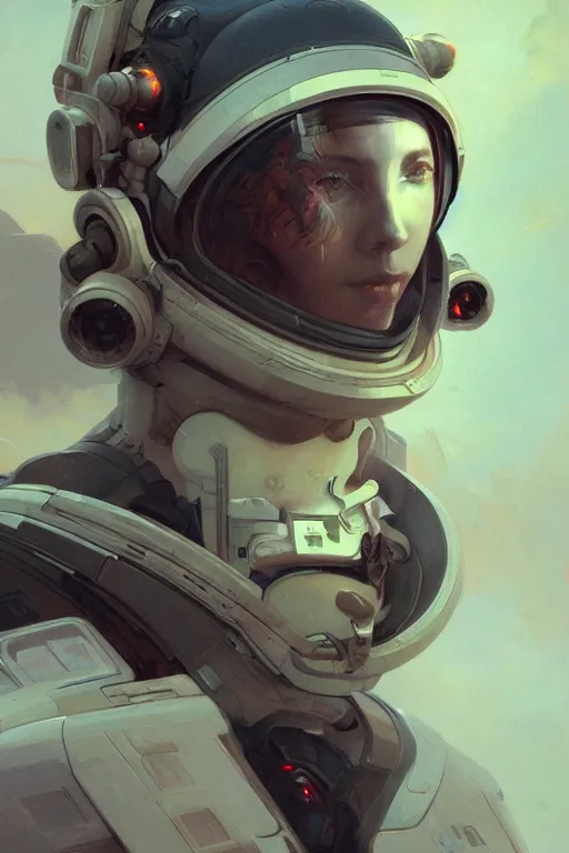 Prompt: A full portrait of a scifi heavy deep space fighter pilot, intricate, elegant, highly detailed, digital painting, artstation, concept art, smooth, sharp focus, illustration, art by Krenz Cushart and Artem Demura and alphonse mucha