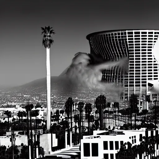 Image similar to Capitol records building in Los Angeles in ruins, apocalypse, black and white, highly detailed, red, hyperrealistic, artstation, future