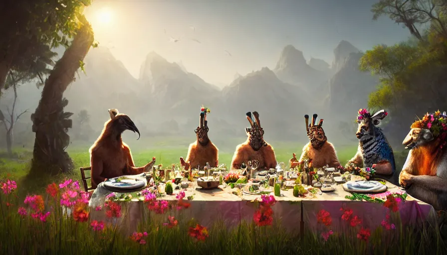 Image similar to a table dinner of exotic animals where animals are dressed like the characters from the midsommar movie wearing flowers, sharp focus, realistic detailed digital art by maxwell boas jessica rossier christian dimitrov anton fadeev trending on artstation cgsociety rendered in unreal engine 4 k hq