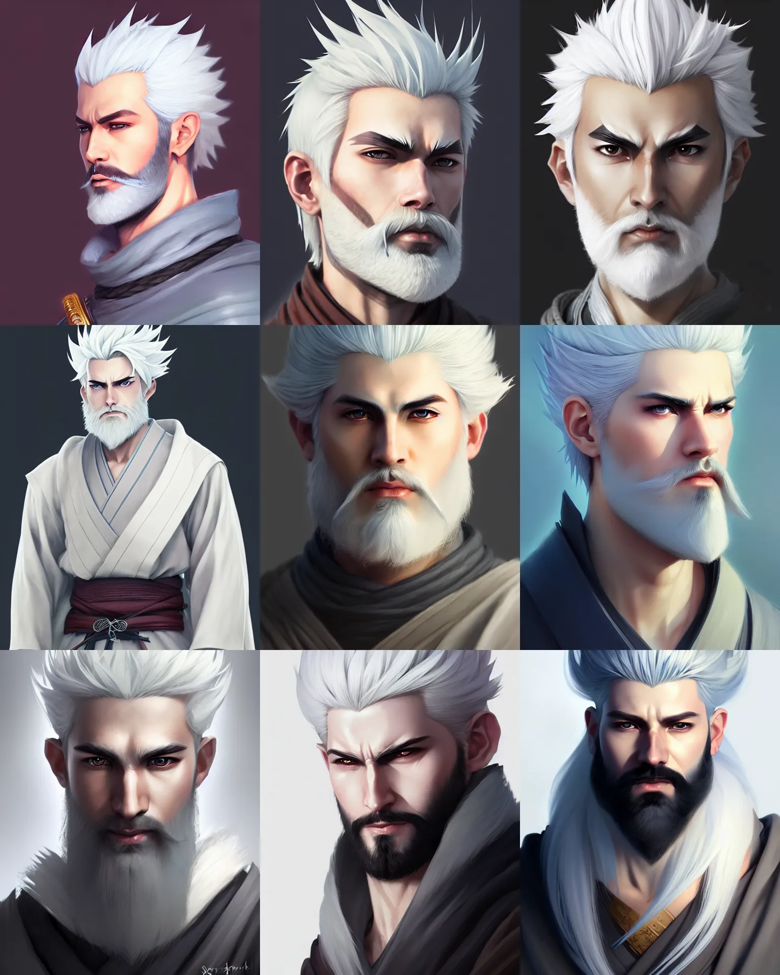 Prompt: character concept art of a white haired young male samurai with beard | | distinct - fine, key visual, realistic shaded perfect face, fine details by stanley artgerm lau, wlop, rossdraws, james jean, andrei riabovitchev, marc simonetti, sakimichan, and jakub rebelka, trending on artstation