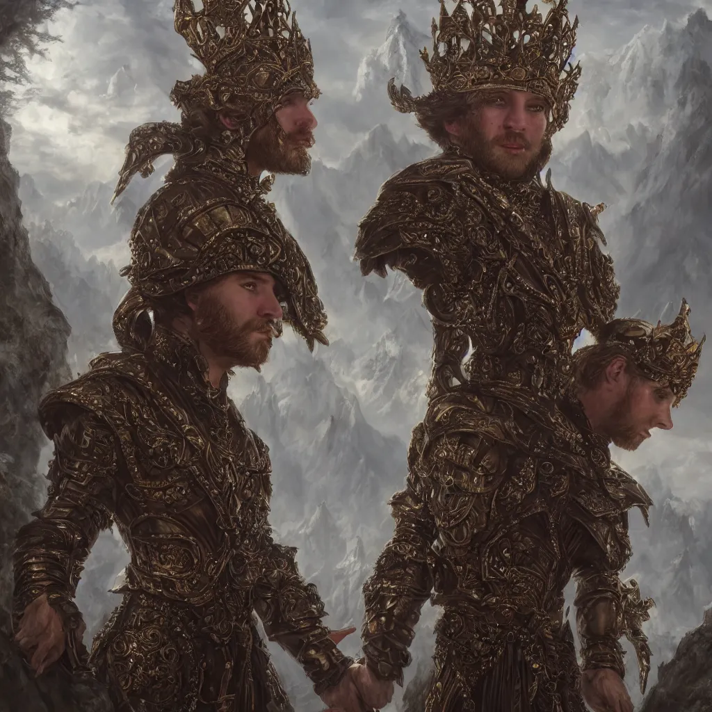 Image similar to Tristan Fulcher wearing a crown, highly detailed, 8k, hyper, dramatic, adventure game, D&D, fantasy art by joseph karl stieler, global illumination, radiant light, detailed and intricate environment