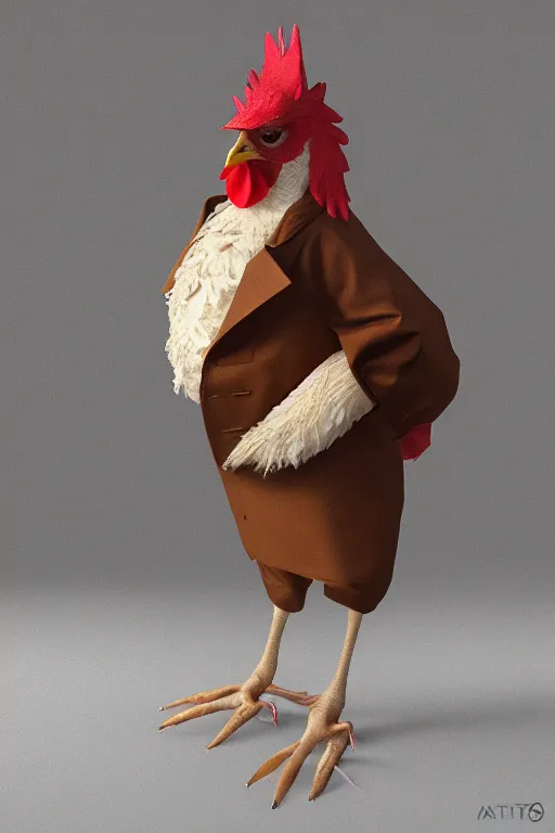 Image similar to a chicken wearing a formal overcoat, hyperrealistic, concept art, octane render, unreal engine 5, trending on artstation, high quality, highly detailed, 8 k, soft lighting, path traced, high coherence, digital art, beautiful, elegant clothes, trending on deviantart, masterpiece