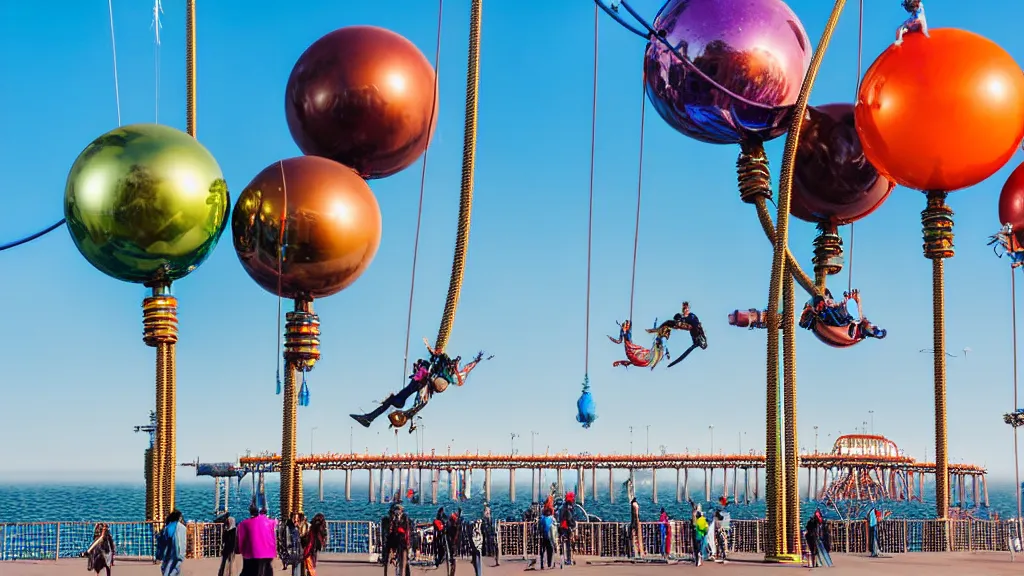 Image similar to large colorful futuristic space age metallic steampunk balloons with pipework and electrical wiring around the outside, and people on rope swings underneath, flying high over the beautiful santa monica pier city landscape, professional photography, 8 0 mm telephoto lens, realistic, detailed, photorealistic, photojournalism