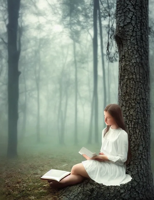 Image similar to Girl in white reading a book sitting on a tree in a foggy forest, Cinematic focus, Polaroid photo, vintage, neutral colors, soft lights, by Steve Hanks, by Serov Valentin, by lisa yuskavage, by Andrei Tarkovsky 8k render, detailed, oil on canvas