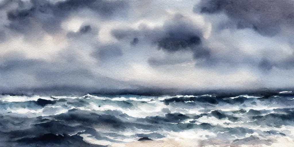 Prompt: stormy sea and dramatic sky, watercolor, artstation, realistic, moody