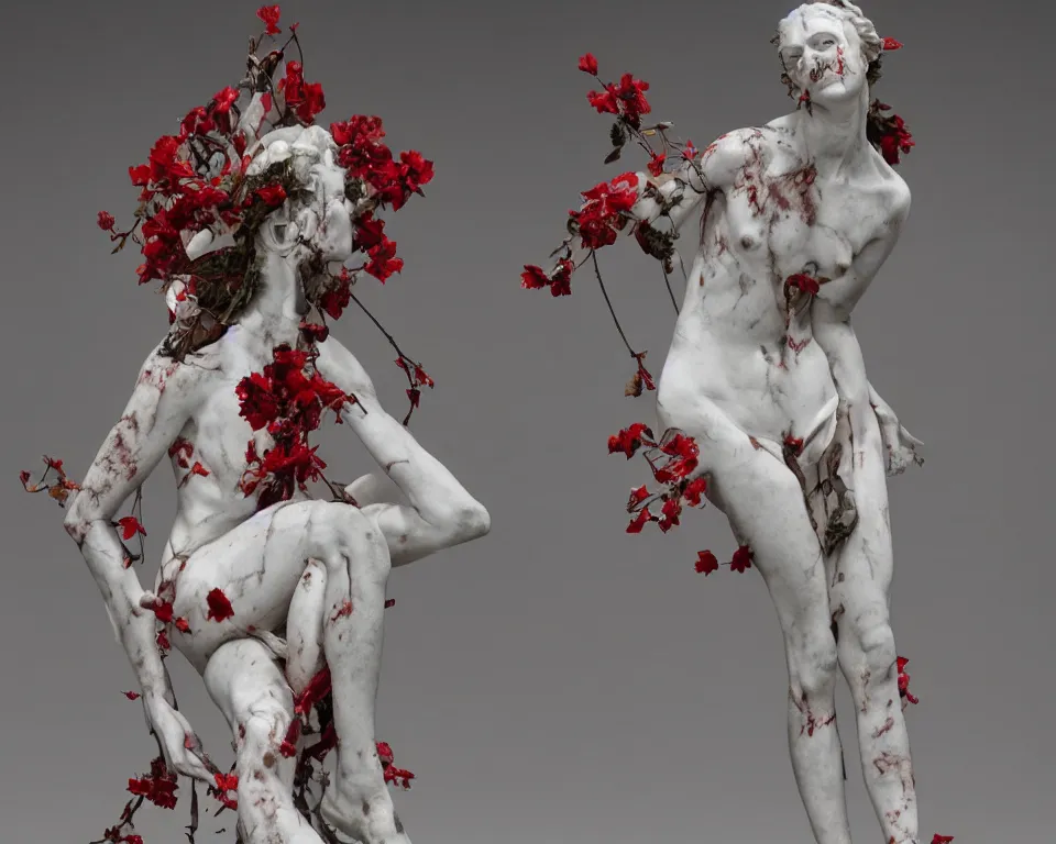 Image similar to intrincate carrara marble red green and white statue of Oblivium Blossom Goddess made by Kris Kuksi and HR Giger and Lois Greenfield