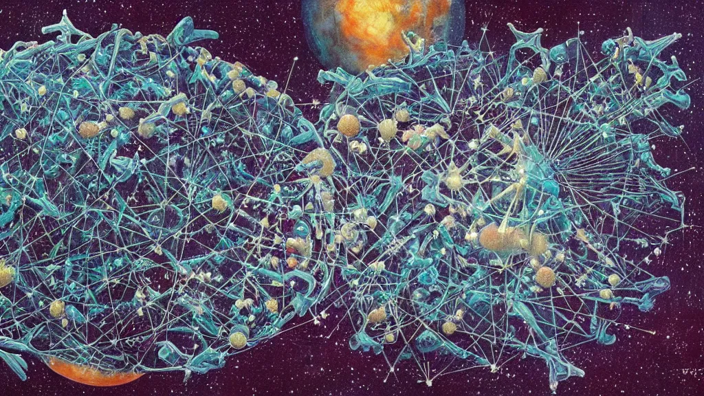 Image similar to a beautiful dreamy painting of coronaviruses, dark, sinister, detailed scientific epistemology contagion diagrams, retro science-fiction book cover