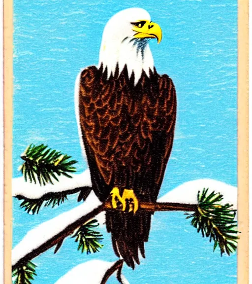 Image similar to damaged postcard of 'an eagle in the nest of a snowy pine tree' laying on table, zoomed out shot