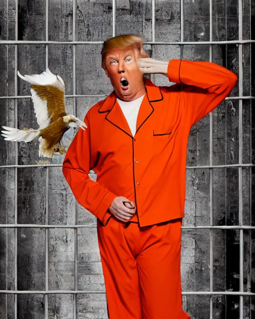 Image similar to Medium Shot Donald Trumps wearing orange pajamas in jail and an american eagle is attacking and biting his head, octane, dramatic lighting, editorial photo, 35mm, very detailed