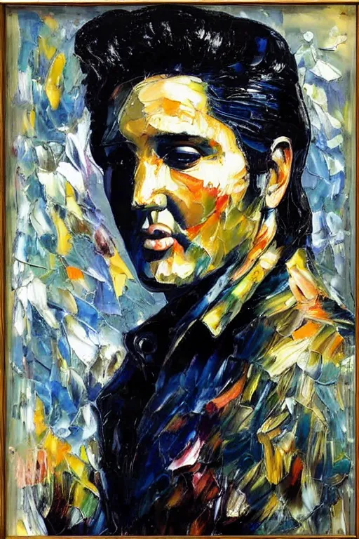 Prompt: highly detailed palette knife oil painting of Elvis Presley, wealthy, wise, by Peter Lindbergh, impressionistic brush strokes, painterly brushwork