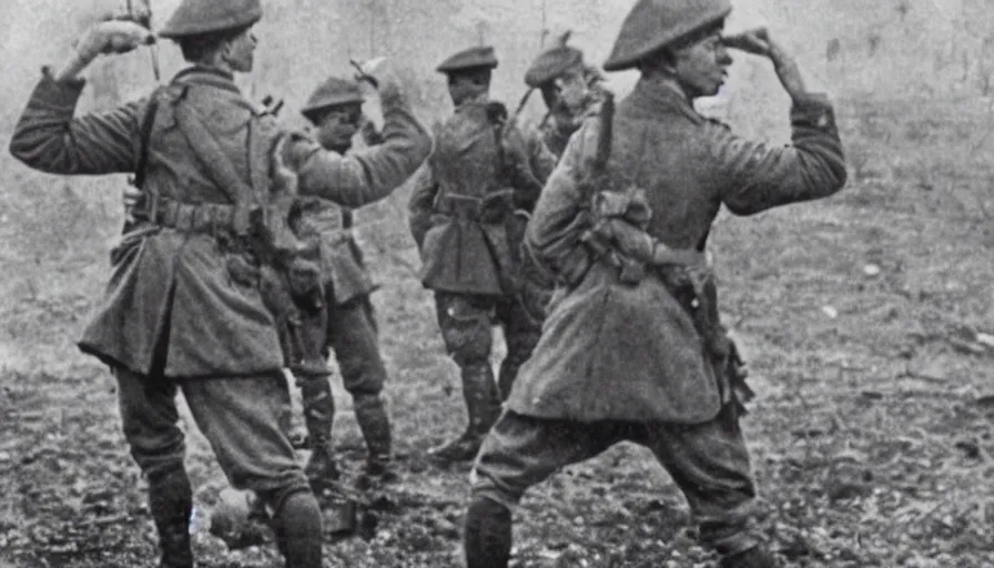 Prompt: french soldier dabbing during ww 1 ( 1 9 1 6 ), historical photograph, highly detailed, dabbing