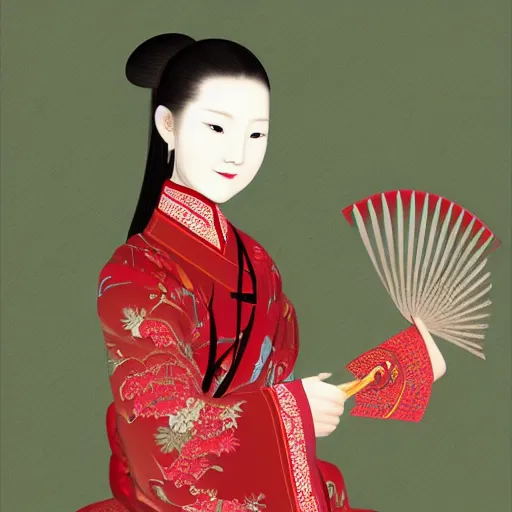 Prompt: a beautiful chinese style painting of girl with han chinese clothing and holding fan, digital art, trending on artstation