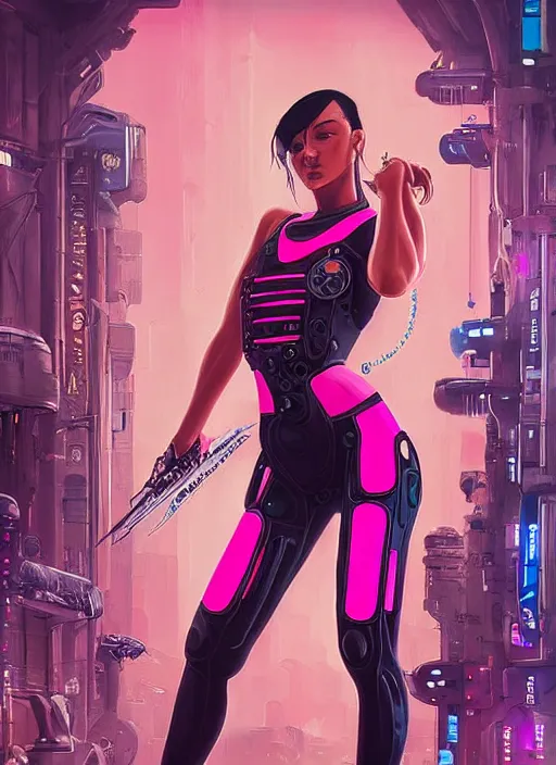 Image similar to beautiful cyberpunk female athlete in pink jumpsuit. lady with blades in arms. ad for cybernetic blade arms. cyberpunk poster by james gurney, azamat khairov, and alphonso mucha. artstationhq. gorgeous face. painting with vivid color, cell shading. ( rb 6 s, cyberpunk 2 0 7 7 )