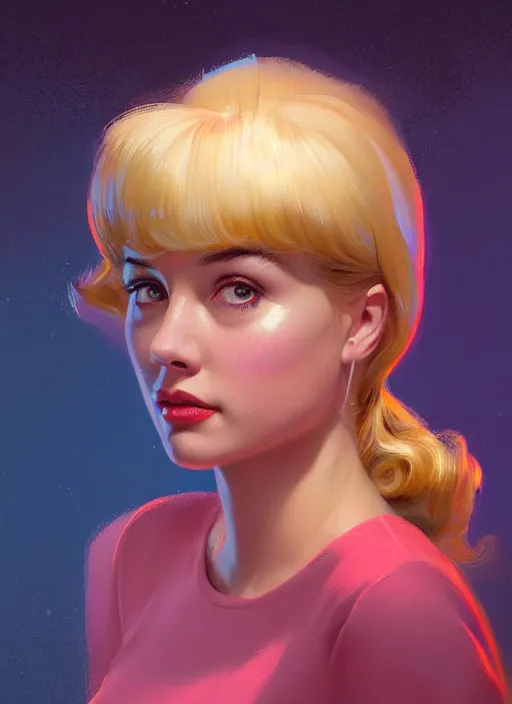 Image similar to portrait of betty cooper with fluffy bangs, bangs, 1 9 6 0 s, ponytail, curly bangs and ponytail, rounder face, intricate, elegant, glowing lights, highly detailed, digital painting, artstation, concept art, smooth, sharp focus, illustration, art by wlop, mars ravelo and greg rutkowski