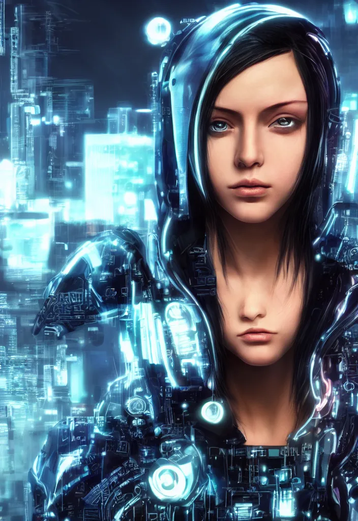 Image similar to cyberpunk hacker girl portrait, highly detailed, alita, studio lighting, neon backlit, 8 k