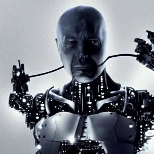 Image similar to movie still of a villain cyborg, facial expression, cinematic composition, cinematic light, surreal cinema, by david lynch,