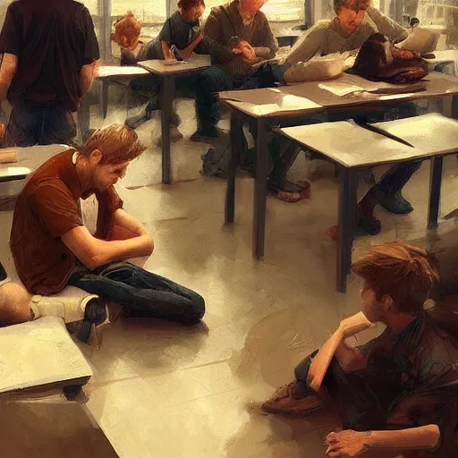 Prompt: A bored teenager in a full of students classroom looking at his smartphone, artwork by Craig Mullins, isometric camera, detailed, trending on artstation