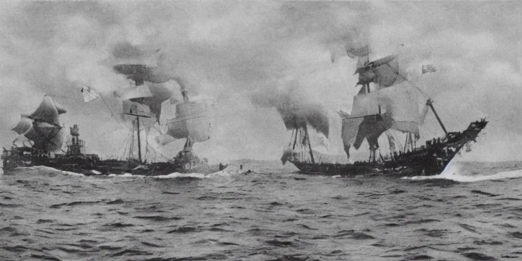 Image similar to a boat being attacked by a sea serpent the sailors are fighting it, 1 9 0 0 s photograph