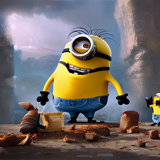 Image similar to Minions eating banana, Matte painting , detailed painting, greg rutkowski