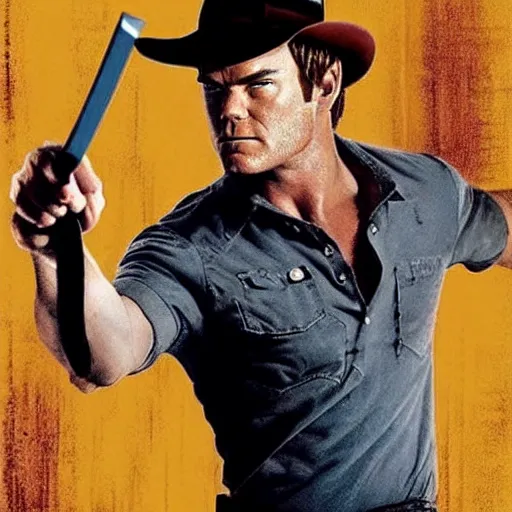 Image similar to dexter Morgan dressed as Indiana Jones throwing knives, realism