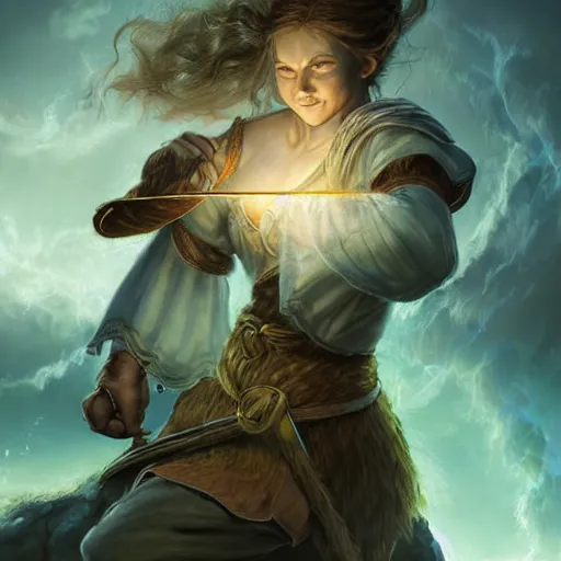 Image similar to full body portrait of a female halfling hobbit monk fistfighter warrior, communing with her goddess of mist and light, flowing robes and leather armor, detailed dynamic light painting by albrecht anker and peter mohrbacher