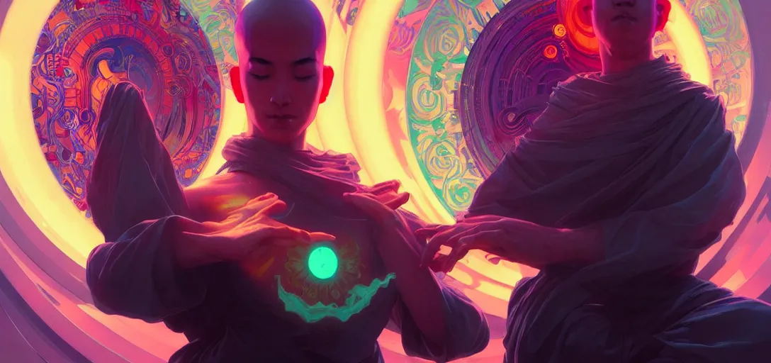 Image similar to a floating monk meditating, channeling swirling energy, wearing cyberpunk clothing, vaporwave aesthetic, colorful, psychedelic, digital painting, artstation, concept art, smooth, sharp focus, illustration, art by artgerm and greg rutkowski and alphonse mucha