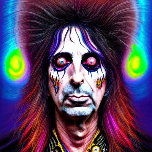 Image similar to An extremely psychedelic portrait of Alice Cooper, surreal, LSD, face, detailed, intricate, elegant, lithe, highly detailed, digital painting, artstation, concept art, smooth, sharp focus, illustration