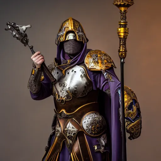 Prompt: Paladin of Moradin Holding up his mace in power, 4k, 15mm lens