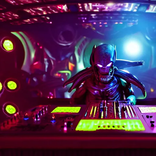 Image similar to Still film of Xenomorph playing DJ in Tomorrowland with lots of humans. Intricate. Elegant details. 4K