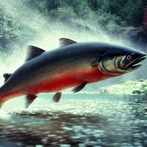 Image similar to movie still of a salmon jumping from a river, splash art, photorealistic features, cinematic lighting, dramatic, octane render, long lens, shallow depth of field, bokeh, anamorphic lens flare, hyper detailed, 3 5 mm film grain