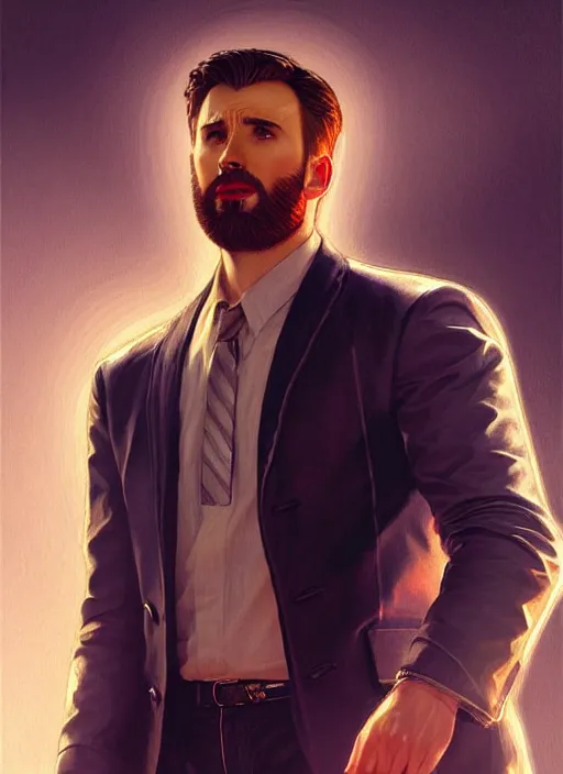 Image similar to Chris Evans as Lucifer morningstar, slight smile, highly detailed, digital painting, artstation, concept art, sharp focus, illustration, art by wlop and J. C. Leyendecker and Edmund Bliar Leighton and Charlie Bowater