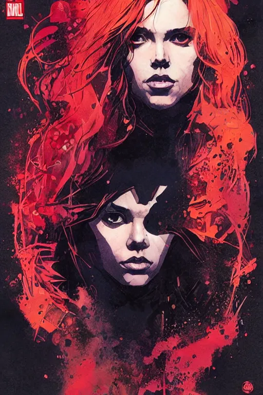 Prompt: comic cover art by david mack and greg rutkowski, black widow full body, tight fit, vivid vector colors, russian female, perfectly symmetrical facial features, hyperdetailed, bleed, spatter, india ink, bill sienkiewicz