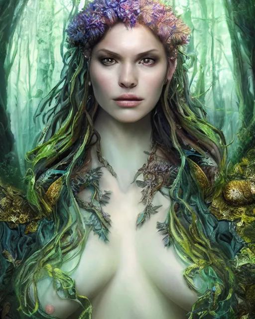 Image similar to portrait high definition photograph female fantasy character art, hyper realistic, pretty face, hyperrealism, iridescence water elemental, snake skin armor forest dryad, woody foliage, 8 k dop dof hdr fantasy character art, by aleski briclot and alexander'hollllow'fedosav and laura zalenga