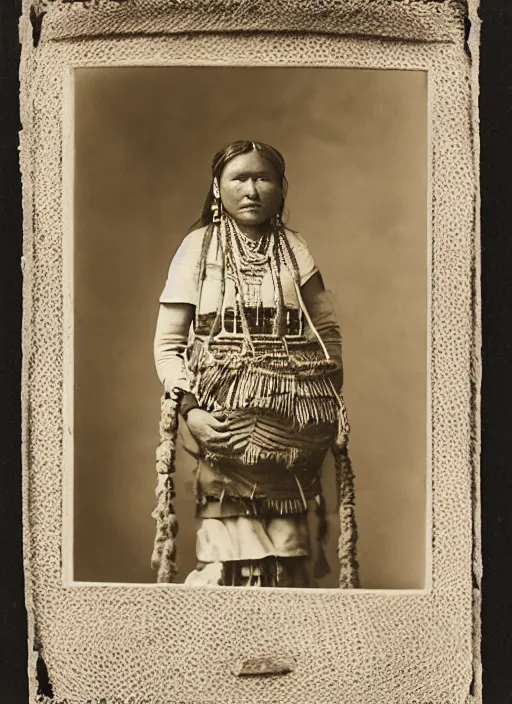 Prompt: Antique portrait of a Navajo woman dressed in traditional attire, posing in front of baskets she weaved, albumen silver print, Smithsonian American Art Museum