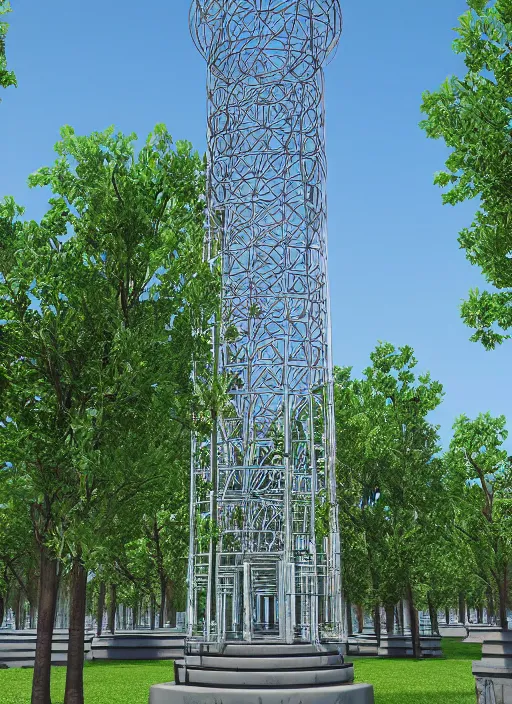 Image similar to highly detailed realistic architecture 3 d render of a stele shukhov tower standing in a city park, archdaily, made in unreal engine 4 octane render