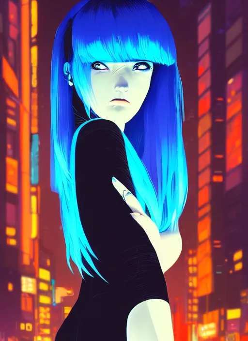 Image similar to digital illustrationportrait of cyberpunk pretty girl with blue hair, wearing a tight black dress, in city street at night, by makoto shinkai, ilya kuvshinov, lois van baarle, rossdraws, basquiat