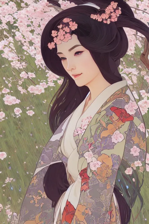 Image similar to A beautiful woman with fox ears who wears kimono in a garden, highly detailed, digital painting, artstation, concept art, smooth, sharp focus, illustration, art by artgerm and alphonse mucha, high definition digital art, in the style of Ross tran and ilya kuvshinov