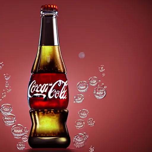 Prompt: advertising in the center of a bottle of coca - cola, droplets flow down the bottle, soft warm light, ultra - quality, super elaboration of details, play of light, yellow light shines through, focus unreal engine 5,