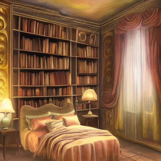 Prompt: fantasy bedroom, bookshelves, cozy, warm glow, digital art, oil on canvas, trending on artstation, ornate