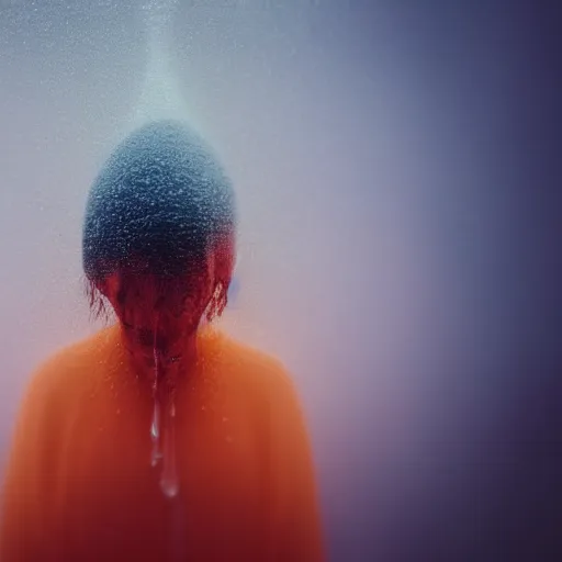 Image similar to a blurry closeup picture of hands around neck, dripping wet, no face, macro photography, long exposure photograph, surrealism, anamorphic bokeh, cozy, soft light, cyan and orange, caustic, atmospheric fog, octane render, cinematic