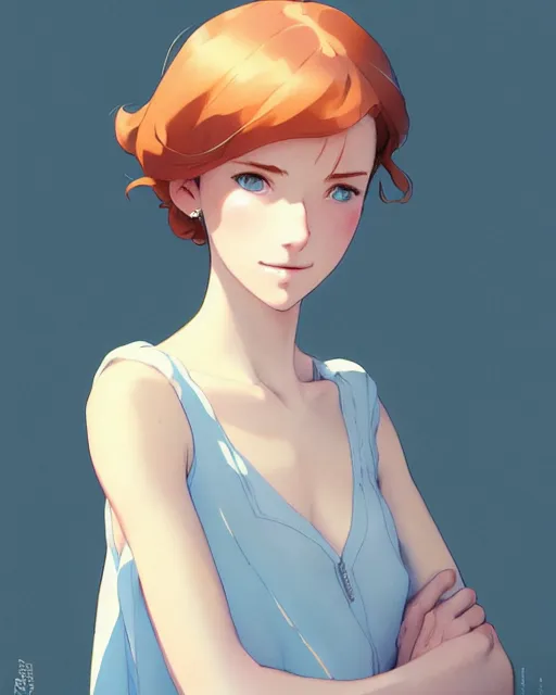 Prompt: young southern woman, freckle, ginger hair, sad cerulean eyes, simple cream dress, detailed perfect face, mid view, by artgerm, by studio muti, greg rutkowski makoto shinkai takashi takeuchi studio ghibli