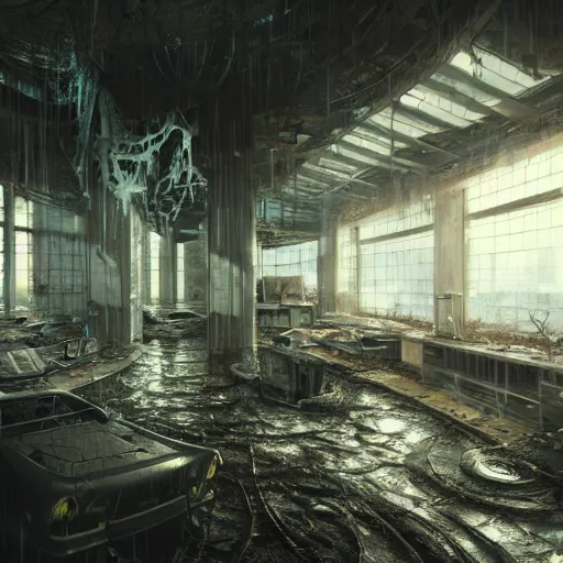 Prompt: flooded, desecrated, abandoned, cyberpunk science lab, ultra realistic, concept art, intricate details, eerie, highly detailed, photorealistic, octane render, 8 k, unreal engine, art by thomas dubois