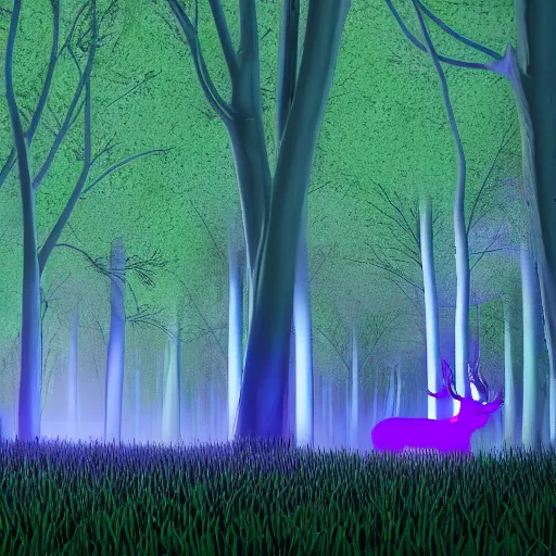 Prompt: ethereal white deer stands in the center of a dark blue tree grove, surrounded by purple neon glowing flowers and glowing mushrooms. the moonlight peeking through the trees. ultra realistic, 4k.